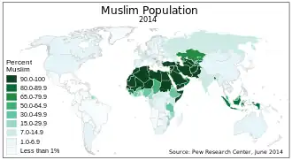 Carte de la distribution mondiale des musulmans, exprimée en pourcentage dans chaque pays. Données du Pew Research.