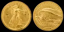 Deux faces d'une pièce de monnaie. L'une avec une femme portant un flambeau dans sa main droite et un rameeau dans la gauche et l'autre avec un aigle volant vers la gauche.