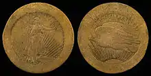 Deux faces d'une pièce de monnaie. L'une avec une femme portant un flambeau dans sa main droite et un rameeau dans la gauche et l'autre avec un aigle volant vers la gauche.