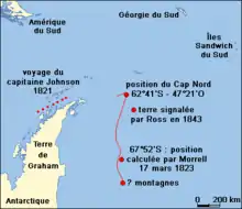 Carte sommaire montrant sur une carte moderne le lieu d'éventuelles terres découvertes par Morrell.