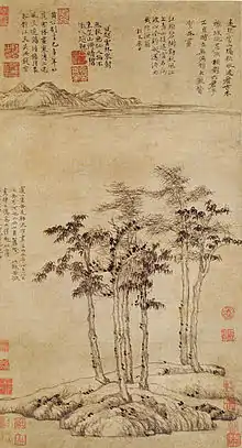Six gentilshommes, daté de 1345, peinture et calligraphie de Ni Zan, quatrain de Huang Gongwang. Dynastie Yuan. Rouleau mural, encre sur papier, 61,9&nbsp;×&nbsp;33,3&nbsp;cm, Shanghai Museum.