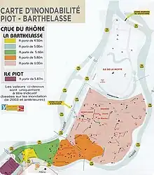 Niveaux du Rhône et zones d'inondation de la Barthelasse, du sud au nord