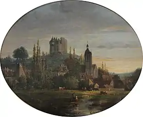 Église Saint-Laurent et château Saint-Jean, vue des prairies de la Cascade à Nogent-le-Rotrou.