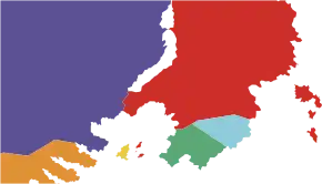 Carte géographique fictive, comportant quelques couleurs.