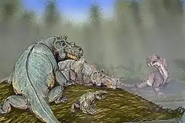 Restitution par D. Bogdanov d'un groupe d'Estemmenosuchus uralensis en compagnie d'un Eotitanosuchus.