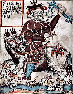 Une illustration d'Odin chevauchant Sleipnir, dans un manuscrit islandais du XVIIIe&nbsp;siècle de l'Edda en prose, source Danish Royal Library.