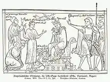 Offa et son père le roi Varmund (illustration du Vitae duorum Offarum de Matthieu Paris, Cotton ms. Nero D I).