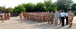 Le général Jean-Pierre Palasset passant en revue des troupes au Tchad, en 2014, lors de l'opération Barkhane.