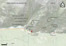 Carte en couleurs représentant des villages encadrés (Orellette, les Bois, le Poucet, etc.) avec la représentation d'une explosion au lieu-dit de la Denise.