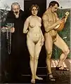 Entre les bijoux et le chant (vers 1900), allégorie de la vieillesse et de la jeunesse.