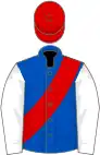 Blue, red sash, white sleeves, red cap