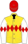Yellow, red triple diamond, white sleeves, red diamond armbands, red cap