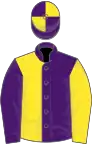 Mi-violet mi jaune vertical, les manches assorties, toque écartelée violette et jaune