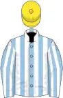 Light blue, white stripes, yellow cap