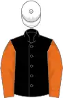 Black, orange sleeves, white cap