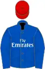 Gros bleu, le logo "Emirates" blanc (Godolphin), toque rouge