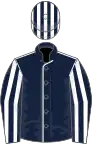 Dark blue, white seams, striped sleeves and cap