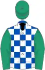 Royal blue and white check, emerald green sleeves and cap