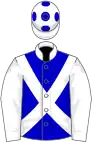 Blue, white sleeves, collar and cross-belts, white cap, blue spots