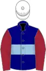 Navy blue, light blue hoop, maroon sleeves, white cap