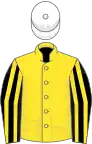Jaune, manches rayées jaune et noir, toque blanche