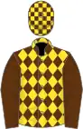 Brown and yellow diamonds, brown sleeves, check cap