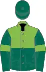 light green and dark green halved horizontally, light green armlets on dark green sleeves, dark green cap