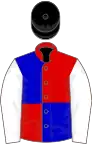 Évcartelé rouge et bleu, manches blanches, toque noire