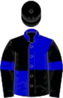 Écartelée noire et bleue, brassards bleus, manches et toque noire