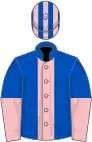 Royal blue, pink stripe, halved sleeves, striped cap