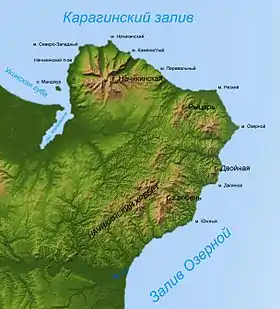 Carte de la péninsule Ozernoï avec la baie Ozernoï au sud