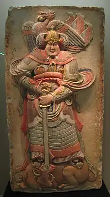 Guerrier. Pierre, bas-relief peint. Liang postérieurs (907-923)