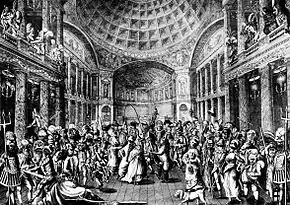 Gravure. Vaste salle à haut plafond en coupole, emplie d'une foule masquée et de couples dansant.