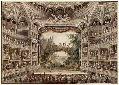Tableau à l'aquarelle de la scène, du parterre et des loges de côté.