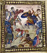 Lutte de David contre Goliath, miniature du Psautier de Paris, Xe&nbsp;siècle.