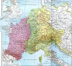 Partage de l'Empire carolingien en 843 au traité de Verdun.