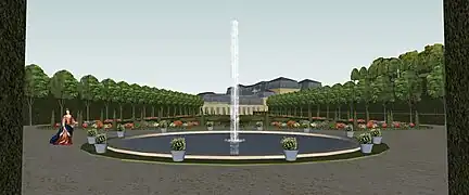 Le parterre du Parnasse, vu depuis le bassin circulaire, plutôt vers 1720.