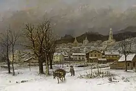 Paysage d'hiver avec vue sur une ville suisse en arrière-plan, peut-être Sion (1870).