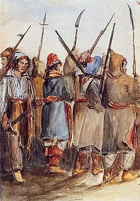 Les rebelles patriotes sont pauvrement vêtus et armés d'outils agricoles.