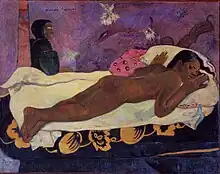 a toile représente une femme à la peau brune allongée sur le ventre, le visage tourné vers le spectateur, les yeux ouverts, sur un lit couvert d'une literie vert-jaune. À ses pieds, un buste de profil, vêtu et encapuchonné, serré, d'un tissu vert sombre, appuyé à une colonne, représente l'esprit.