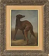 Peinture représentant un lévrier vu de côté.