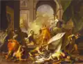Persée, assisté de Minerve (mythologie), pétrifie Phinée (devin)