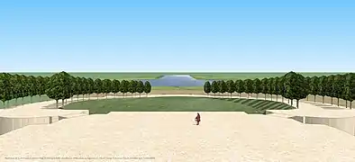 Restitution de la vue depuis le premier étage du château d'Heilly du côté de l'entrée et du canal, XVIIIe siècle.
