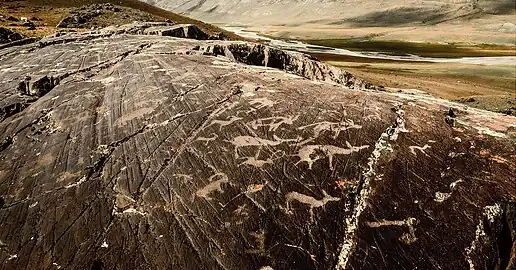 Art rupestre :Ensemble de pétroglyphes, Altaï, Mongolie