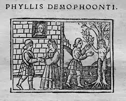 deux scènes ; à gauche, un omme et une femme se tiennent la main devant un mut ; à droite, le même homme est auprès de la même femme, qui est à moitié transformée en arbre