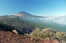 Volcan conique au-dessus d'une région boisée baignée de nuages.