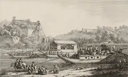 Gravure montrant une flottille de barques remontant la Saône. La plus grande est bâchée d'un dais.