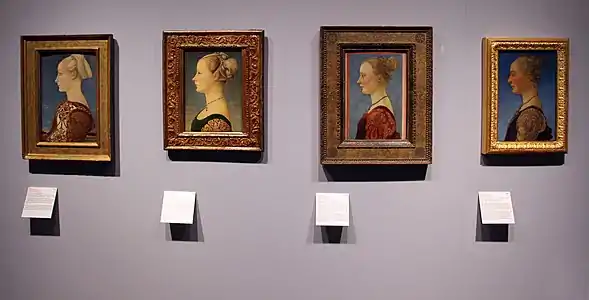 Quatre portraits de profil de femmes de la Renaissance attribués aux frères Pollaiolo, exposés au musée Poldi-Pezzoli, à Milan, en 2014-2015.