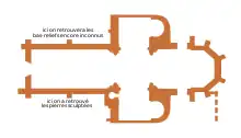 Plan d'un édifice religieux avec mentions écrites de l'emplacement de vestiges trouvés lors de sa destruction.