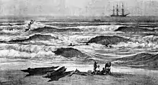 Pirogue franchissant la barre des brisants à Guet-N'Dar, sur la côte occidentale d'Afrique, vers 1890.
